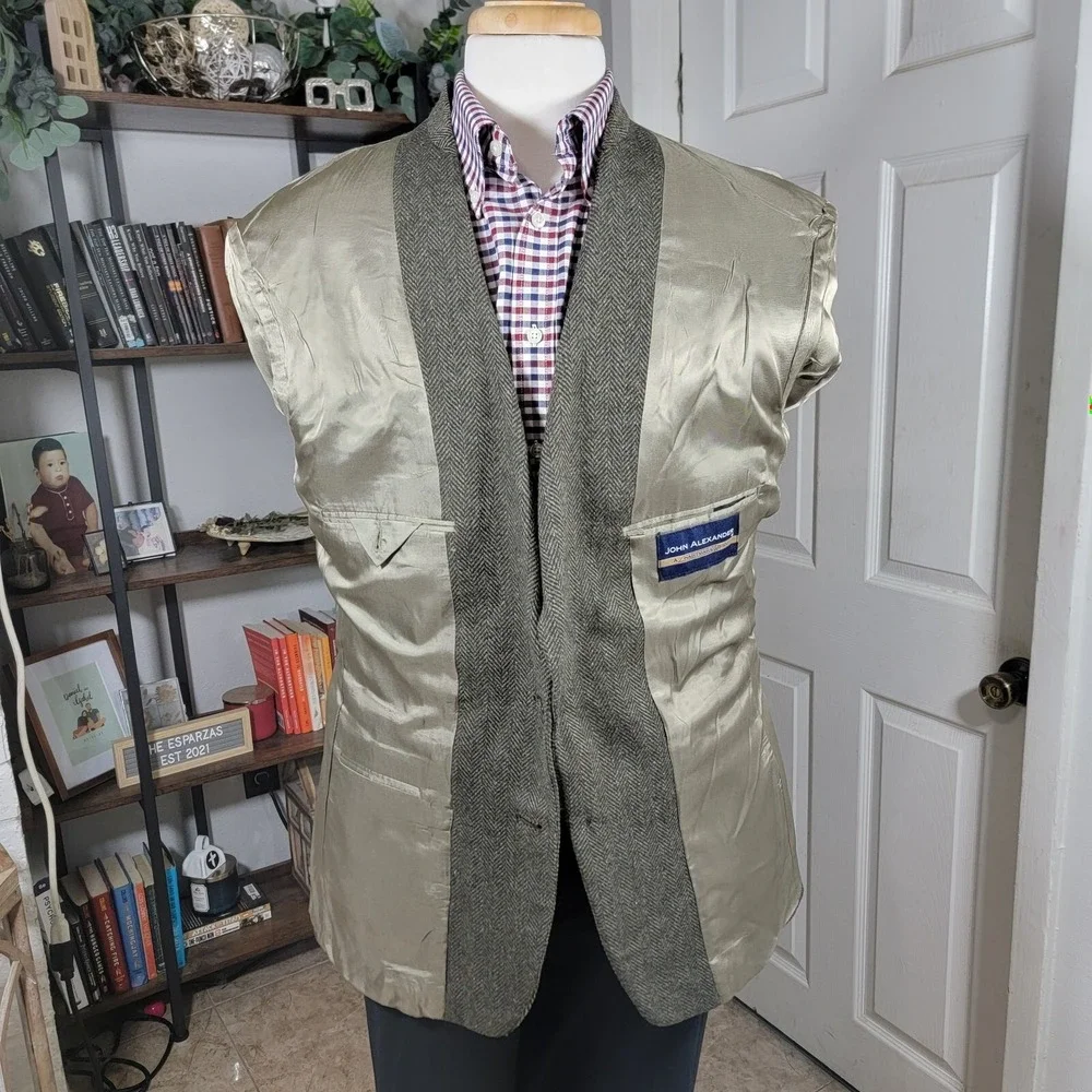 John Alexander Hart Schaffner Men's Sport Coat Blazer Green Wool Herringbone 41R